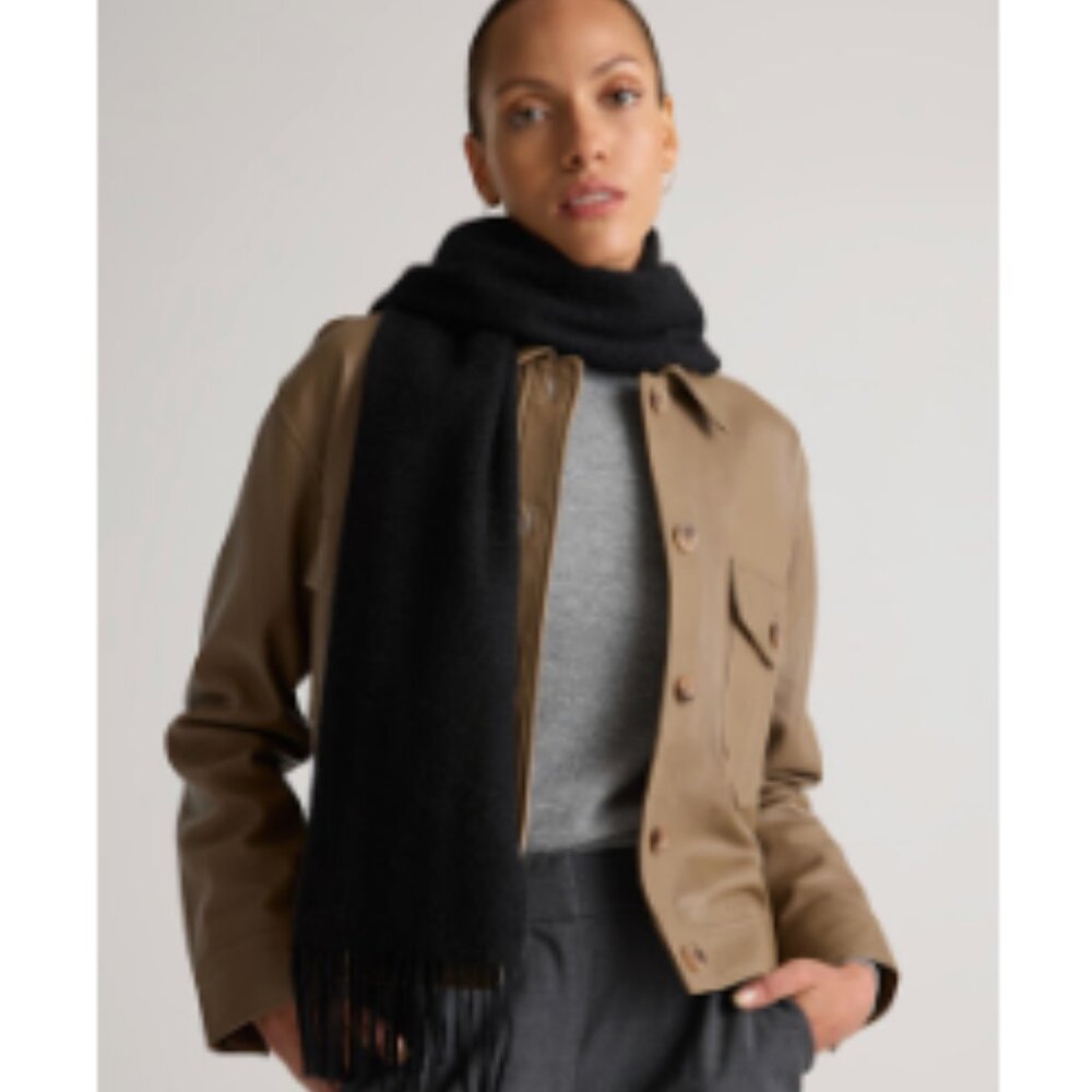 Quince Mongolian Cashmere Woven Fringe Scarf in Black